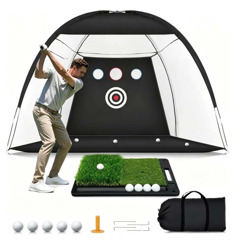 Golf Net: 10x7FT Practice Net with Mat –Swing & Driving Practice (U1007)